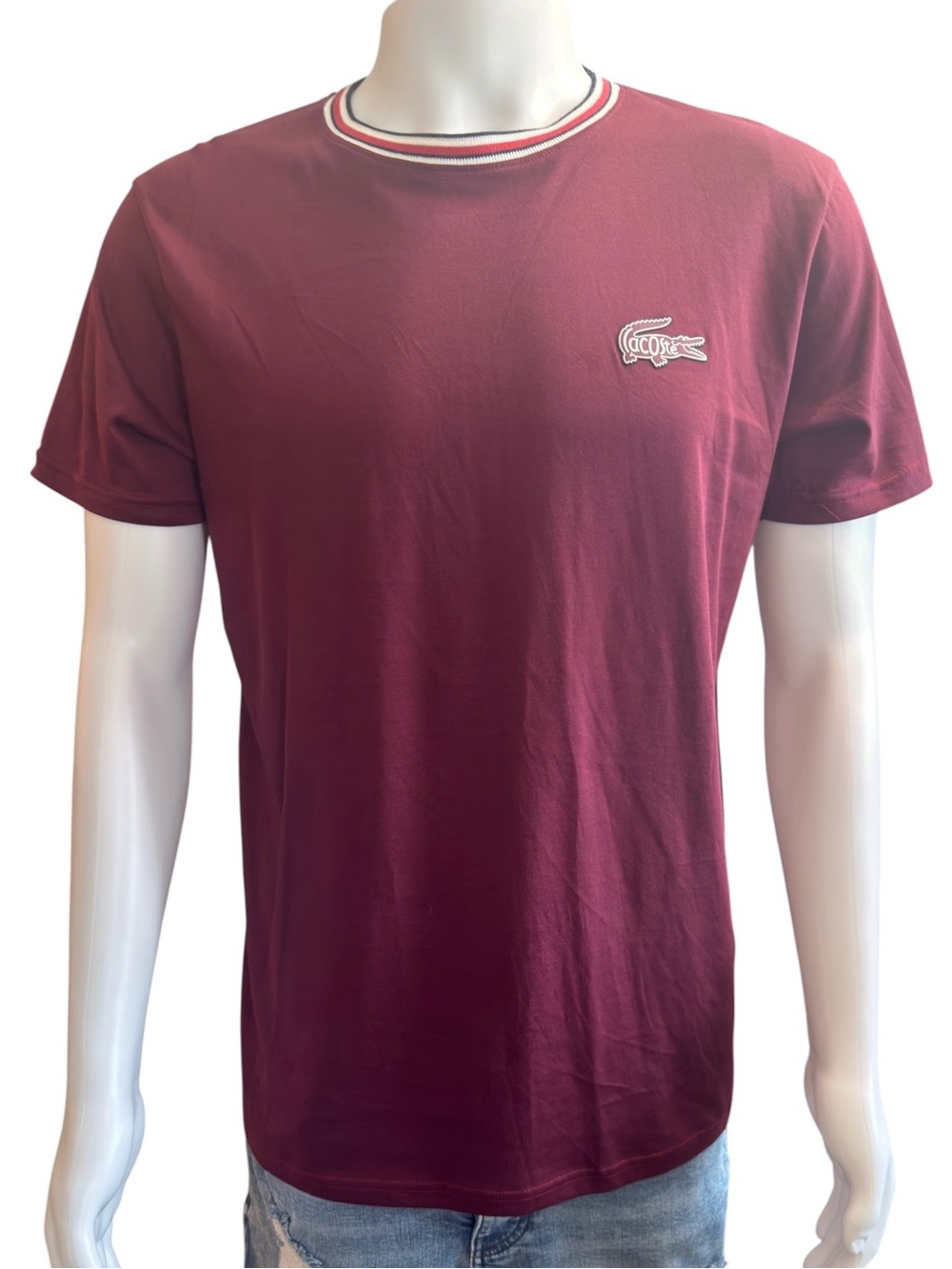 LACOSTE Men's Burgundy Short-Sleeve Tee with Striped Crew Neck